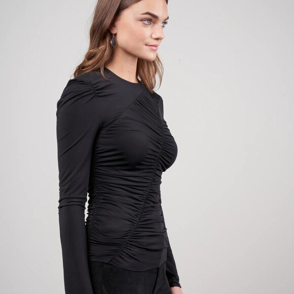 Tibi Ruched Jersey Crewneck Top in Black - Picture 2 of 7